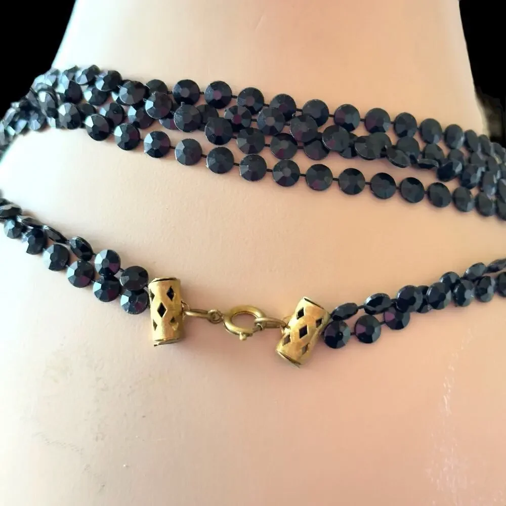 52” Black Lucite Disc Bead Double Strand Necklace Vintage 1960s Featherlight Mod